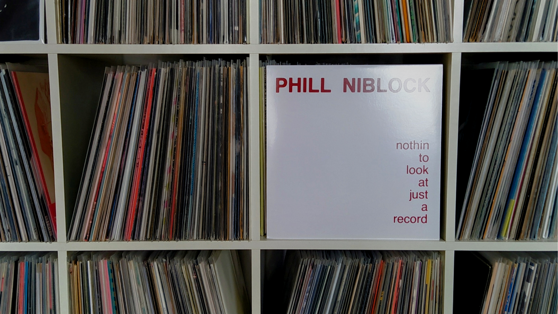 Ein Schrank mit Schallplatten, darin eine Schallplatte von Phill Niblock.