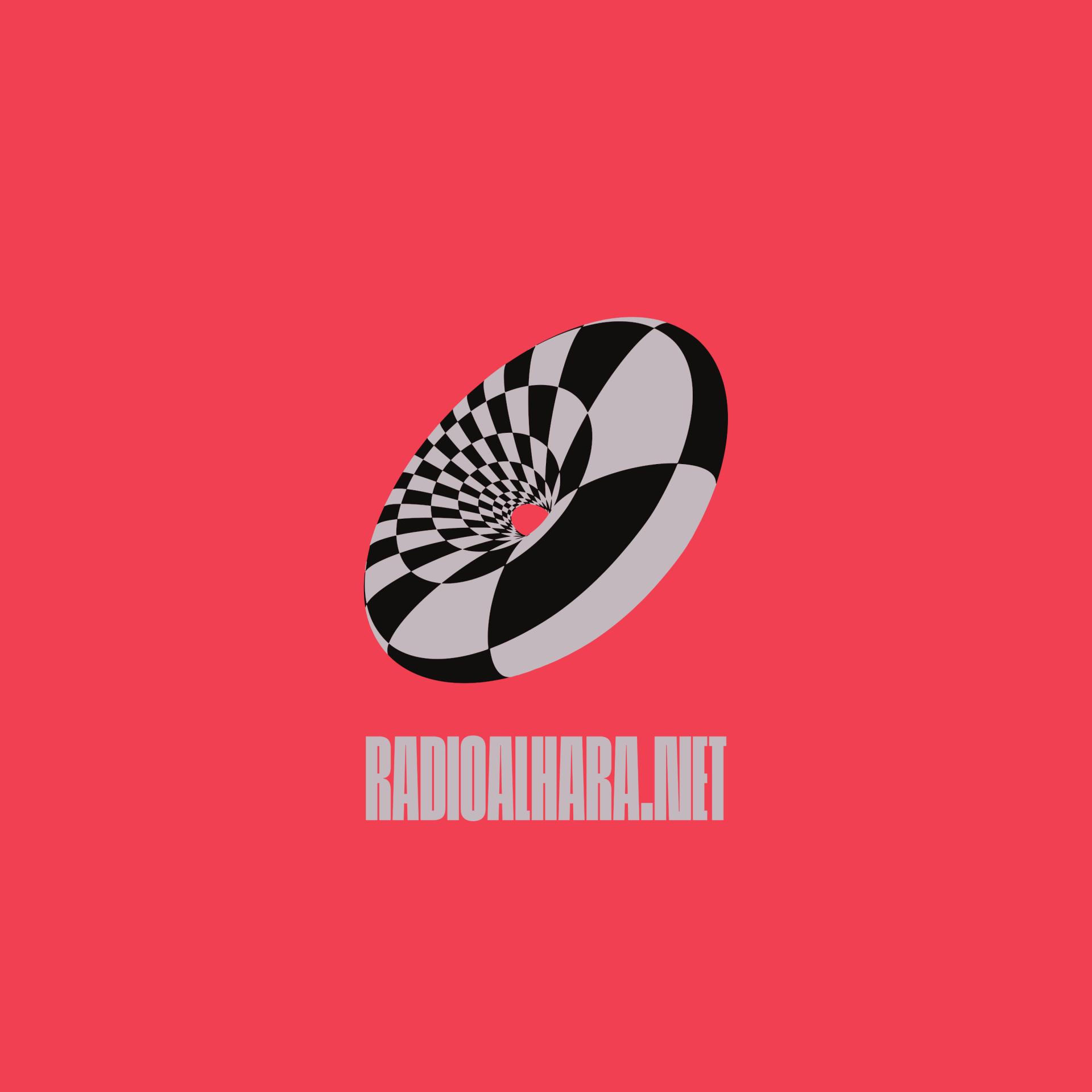 A checkered, donut-shaped geometric form in front a red background, underneath the radio URL