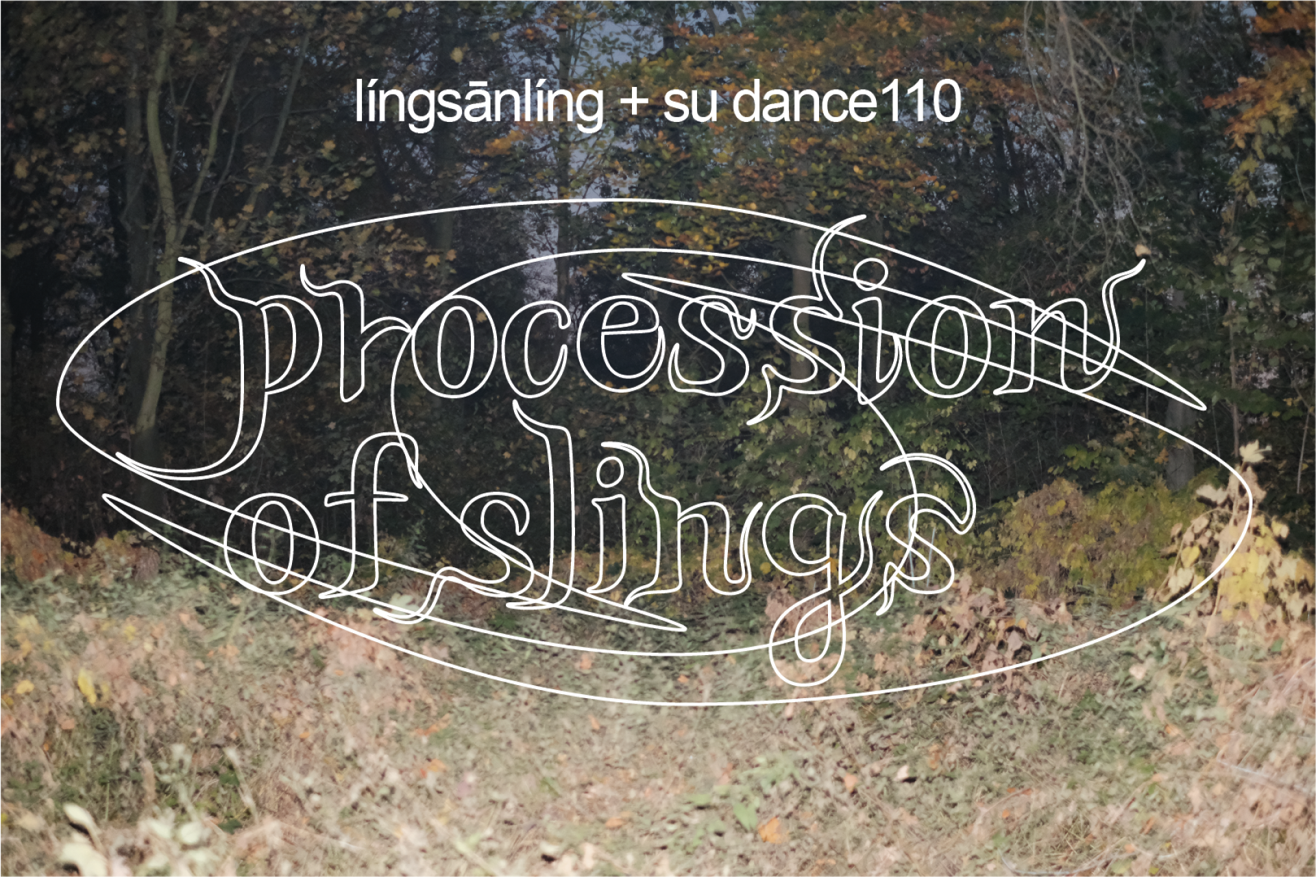 Poster for an audiovisual performance titled &#039;Procession of Slings&#039;. The background features a green, pixelated image of a statue. In the upper right area, there is a stylized, white-green human figure.