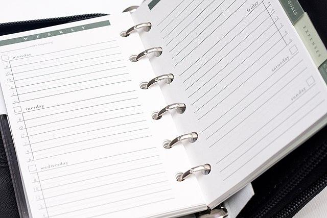 Personal organizer with white lined punched pages held by several rings. Each page has lined rows and sections for certain days of the week.